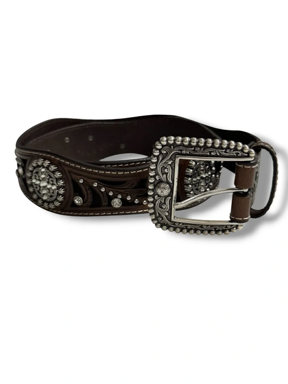 Ariat Women’s Brown Leather Belt Scroll Inlay Crystal Western Cowgirl A1513003 M